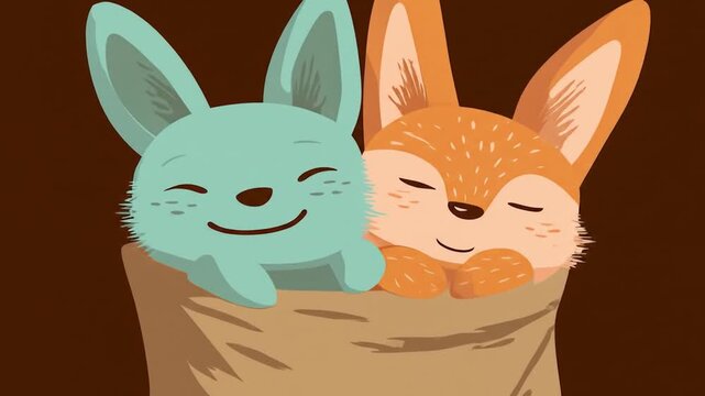 Illustration of two cute cartoon rabbits in a sack on brown background