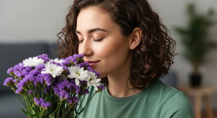 Naklejka premium Woman enjoying the fragrance of a vibrant bouquet of flowers indoors