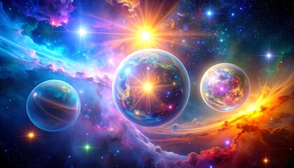 A vivid cosmic scene features radiant planets, celestial bodies, and swirling nebulae awash in vibrant light