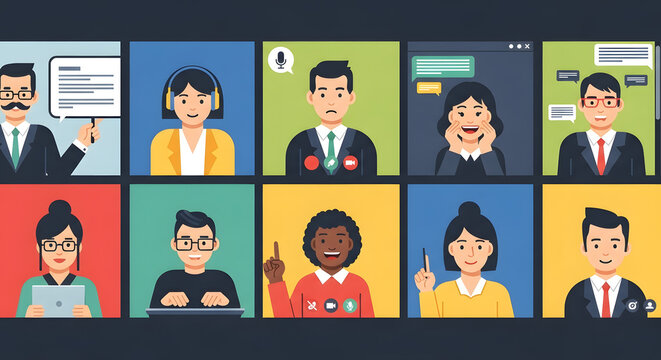 Diverse team of professionals in an online video conference call for a remote business meeting and webinar