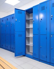 Row of blue metal lockers, one ajar, showing interior shelves; light grey floor and wooden bench