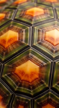 Closeup of a turtle shell pattern with hexagonal shapes and colors