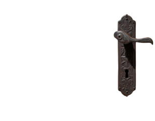 Rustic iron chave with wooden door handle and rope isolated on transparent background PNG