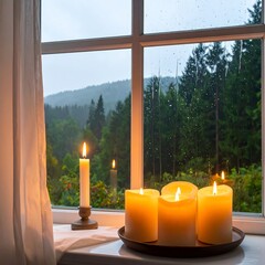 Rain streaks a window overlooking a lush forest; three candles burn brightly on a nearby sill