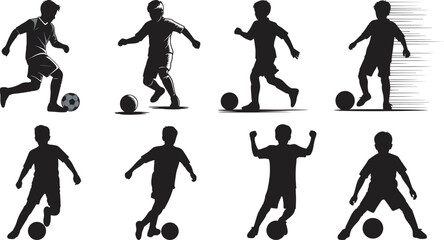 Soccer player silhouette set, football action poses, black vector icons, sports movement, athlete kicking ball, dynamic motion, training, celebration, competition