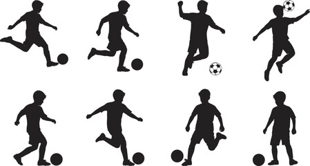 Soccer player silhouette set, football action poses, black vector icons, sports movement, athlete kicking ball, dynamic motion, training, celebration, competition