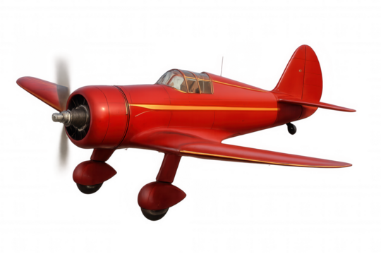 Red vintage propeller plane making a flight, displaying a classic design and retro details on a transparent background