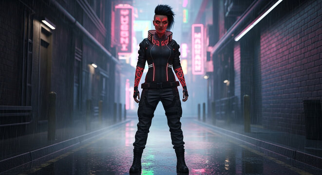 Futuristic cyberpunk woman standing in a neon lit alleyway with tattoos and dark clothing style