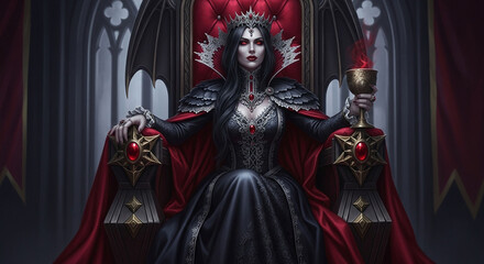 Fototapeta premium Vampire queen portrait fantasy art gothic dark throne blood goblet red eyes crown digital painting
