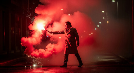 Man with red flare smoke in dark street at night concept for danger signal or emergency situation