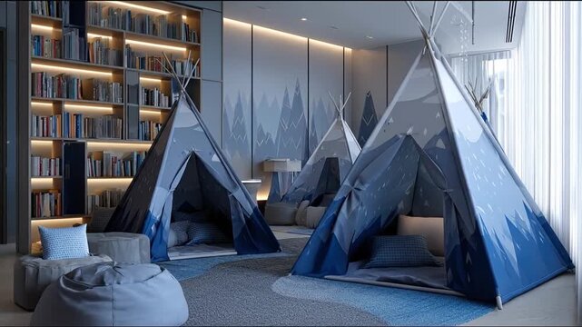 Modern interior featuring tents bookshelves and comfortable seating area