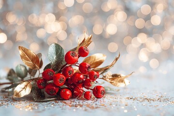 A vibrant holiday bouquet featuring rich red berries and sparkling gold leaves is arranged on a clean white background and framed by soft, twinkling bokeh lights for a wintery feel.