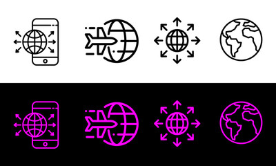 Global Travel and Worldwide Connection Line Icons Set &ndash; Airplane, Globe, Mobile, Communication Symbols