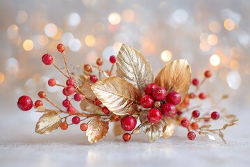 A vibrant holiday bouquet featuring rich red berries and sparkling gold leaves is arranged on a clean white background and framed by soft, twinkling bokeh lights for a wintery feel.