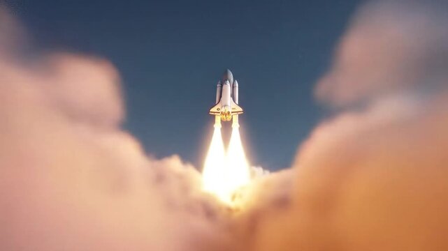 Rocket ship launching through clouds into space
