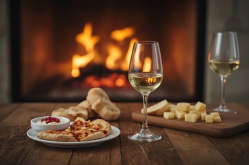 Two glasses of white wine are on a wooden table, surrounded by plates of cheese, bread, and a slice of pizza. In the background, a cozy fireplace casts a warm glow, enhancing the inviting atmosphere.