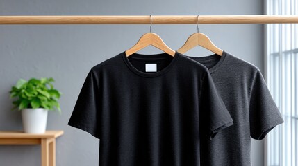 Two Black Sequin T Shirts Hanging on Wooden Hangers Against Gray Wall and Window Light with Wooden Table and Green Plant