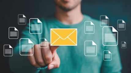 Man's hand selecting email icon with document symbols, representing digital communication