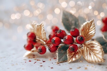 A vibrant holiday bouquet featuring rich red berries and sparkling gold leaves is arranged on a clean white background and framed by soft, twinkling bokeh lights for a wintery feel.