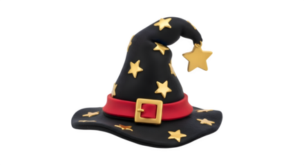 Whimsical witch hat with gold stars and buckle, isolated on transparent background, perfect for halloween, costume parties, and magical celebrations