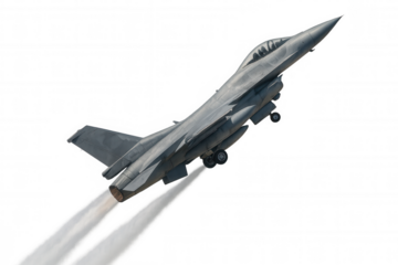 Military fighter jet taking off with afterburner exhaust, modern combat aircraft flying on transparent background