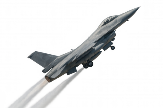 Military fighter jet taking off with afterburner exhaust, modern combat aircraft flying on transparent background