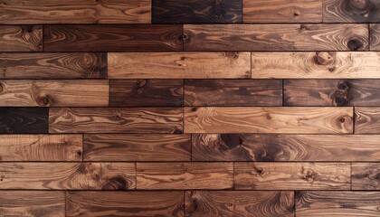 Rustic wooden wall paneling with varying shades of brown and distinct wood grain patterns