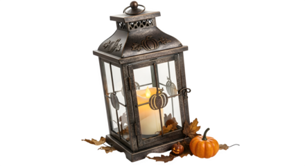 Rustic lantern with a candle and autumn leaves isolated on transparent background, evoking a cozy and inviting atmosphere of the fall season