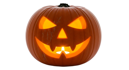 Illuminated jackolantern with a spooky face isolated on transparent background, a classic symbol of halloween, radiating an eerie and festive glow