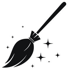 Magic broomstick silhouette with sparkles black vector icon for Halloween fantasy or cleaning