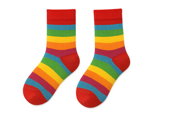 Pair of colorful striped socks representing gay pride, ready for use