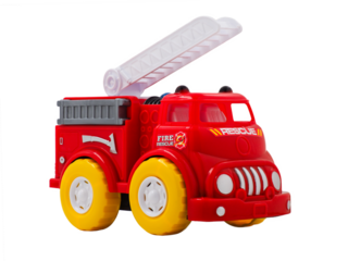 Children's toy, fire truck, red car with yellow wheels, isolated on transparent background.