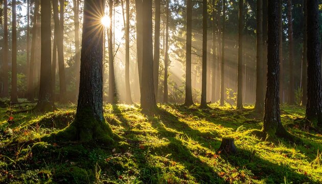Sunlight filtering through a misty forest - Powered by Adobe