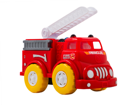 Children's toy, fire truck, red car with yellow wheels, isolated on transparent background.