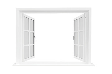 Open white double french doors revealing an empty dark space architectural element