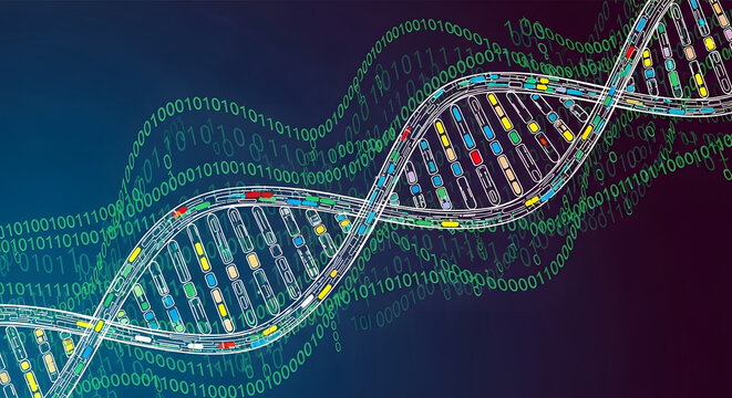 Conceptual Art Illustrating the Intricate Relationship Between Molecular Genetics and Computational Data, Highlighting Scientific Research and Technological Advancement in Biology