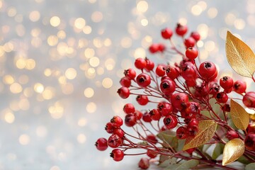 A vibrant holiday bouquet featuring rich red berries and sparkling gold leaves is arranged on a clean white background and framed by soft, twinkling bokeh lights for a wintery feel.