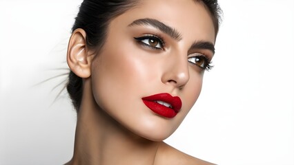 Fototapeta premium Stunning Professional Model with Bold Red Lipstick and Flawless Makeup, a Close-Up Portrait Showcasing Glamorous Beauty and Sophistication