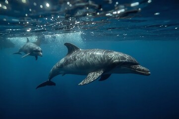Three dolphins swim gracefully underwater in a clear blue ocean, with sunlight creating patterns on their backs.