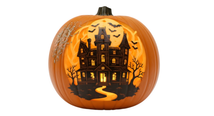 Pumpkin carved with a haunted house scene, isolated on transparent background spooky halloween decoration with bats flying around the mansion and a winding path