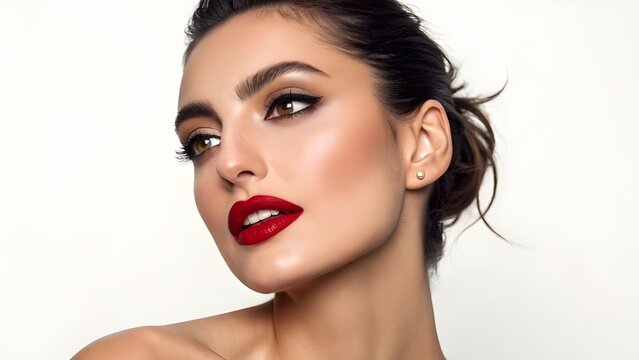 A stunning professional beauty portrait of an elegant brunette model showcasing classic glamorous makeup with bold red lips and smokey eyes