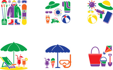 Fototapeta premium Winter sports and summer beach vacation icons vector