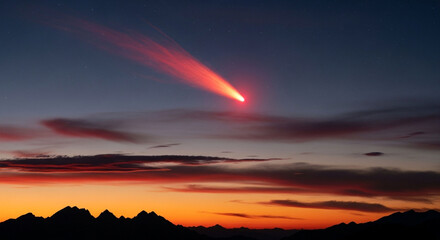 Obraz premium Red comet shooting star at sunset over mountain range space sky astronomy celestial event cosmic wonder