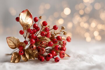 A vibrant holiday bouquet featuring rich red berries and sparkling gold leaves is arranged on a clean white background and framed by soft, twinkling bokeh lights for a wintery feel.