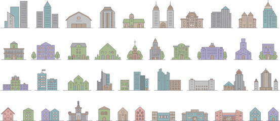 Obraz premium Colorful city building icons set, modern architecture vector illustrations, perfect for urban design, maps, apps, infographics, and real estate branding