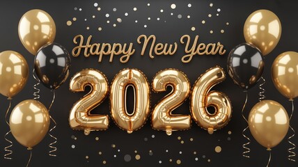 Celebrate the new year 2026 with shimmering gold and black balloons against elegant dark backdrop