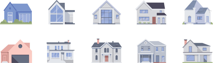 Flat design house icons set — modern residential homes, villas, and cottages for real estate, web design, apps, maps, and property listings