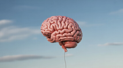 Human brain balloon floating in the blue sky, concept of mental health, psychology and creative idea
