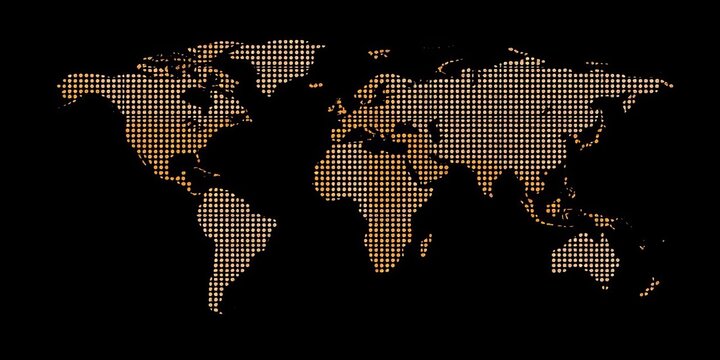 Stylized black halftone dotted world map vector illustration,  sphere,  printable