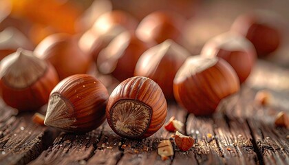 Hazelnuts on Rustic Brown Wooden Surface with Soft Golden Lighting and Blurred Background